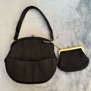 Vintage Mel-Ton Black Crepe Purse w/attached rhinestone trimmed coin purse,1950s